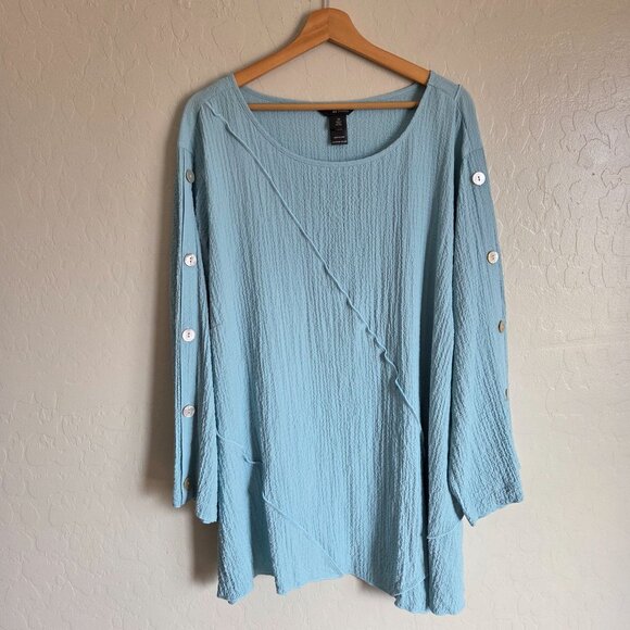 Ali Miles Crinkle Long Button Sleeve Tunic Top Powder Blue Size Women's 3X Plus - Picture 1 of 10